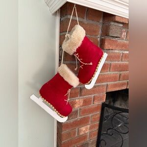Vintage Christmas flocked faux red Santa skates home decorations